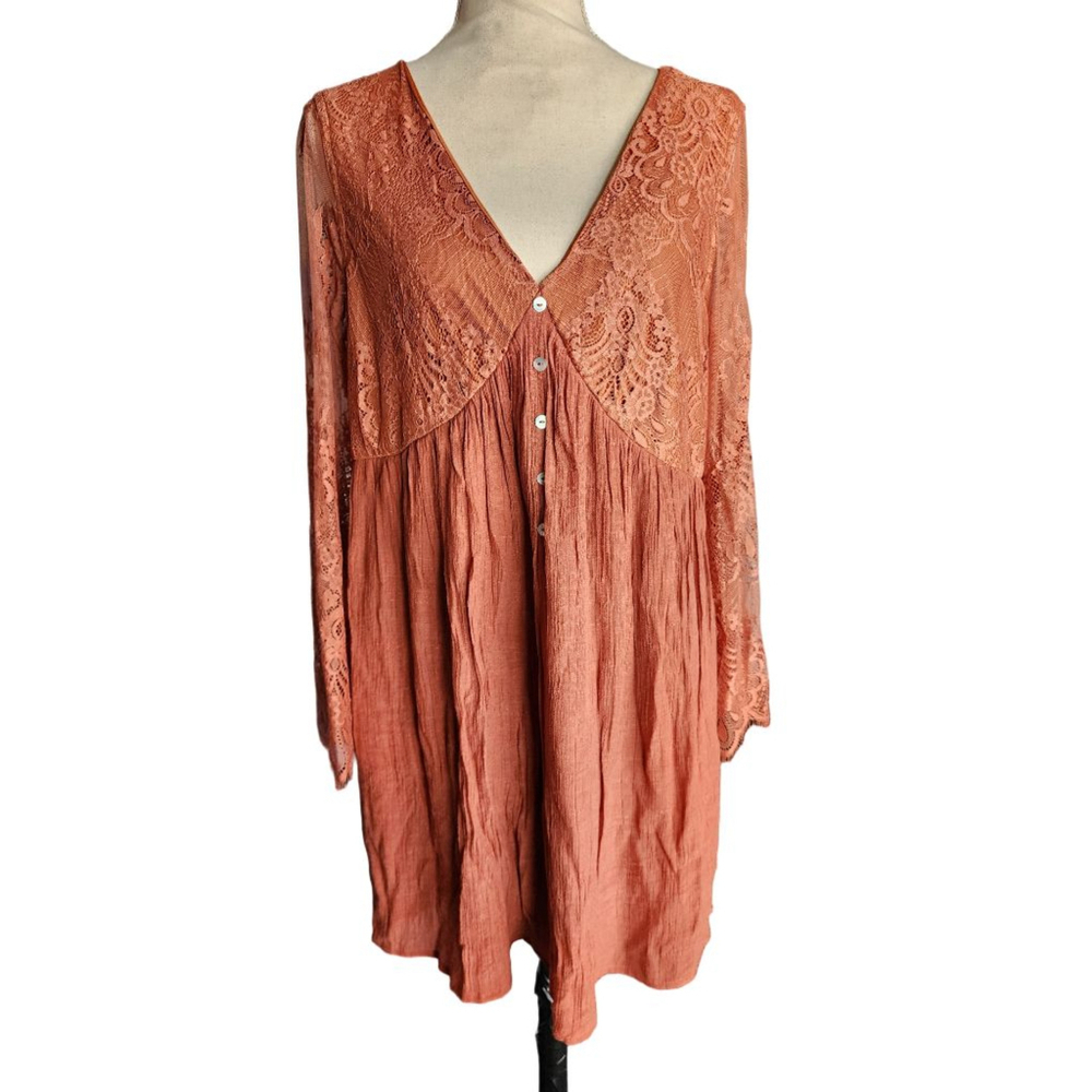 Baevely Rust Orange Lace Sleeve Tunic Top Size M Boho Crinkle Button Front